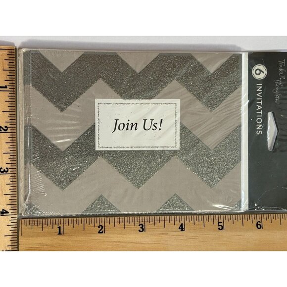 Join Us! Party Invitation 6 Cards W Envelope Silver Glitter Chevron Any Occasion - Picture 2 of 3